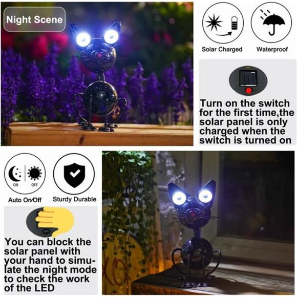 Black Cat Metal Yard Art Statue Light, Garden Black Cat Statue Light Decor - Picture 3 of 6